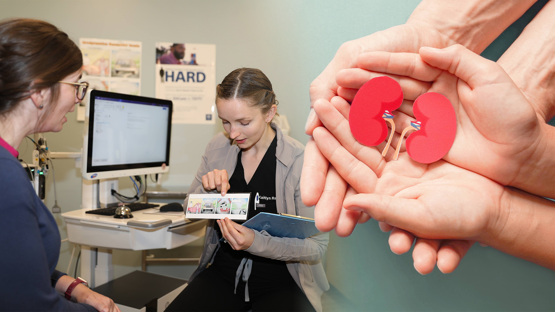 Collage of resident showing comic to patient and child and adult hands holding kidneys